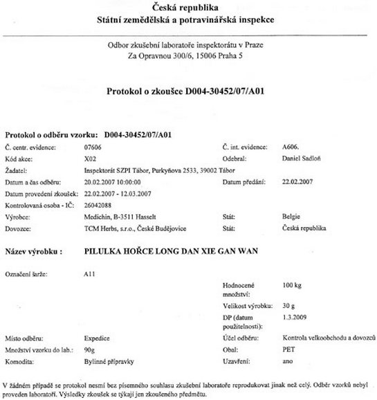 Vyšetření Státní zemědělskou a potravinářskou inspekcí (SZPI), potvrzující nepřítomnost kyseliny aristolochové u Pilulky hořce - kód 014 Vyšetření Státní zemědělskou a potravinářskou inspekcí (SZPI), potvrzující nepřítomnost kyseliny aristolochové u Pilulky hořce - kód 014