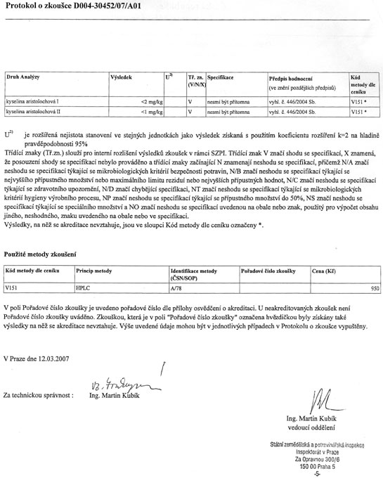 Vyšetření Státní zemědělskou a potravinářskou inspekcí (SZPI), potvrzující nepřítomnost kyseliny aristolochové u Pilulky hořce - kód 014 Vyšetření Státní zemědělskou a potravinářskou inspekcí (SZPI), potvrzující nepřítomnost kyseliny aristolochové u Pilulky hořce - kód 014