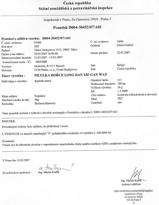 Vyšetření Státní zemědělskou a potravinářskou inspekcí (SZPI), potvrzující nepřítomnost kyseliny aristolochové u Pilulky hořce - kód 014 Vyšetření Státní zemědělskou a potravinářskou inspekcí (SZPI), potvrzující nepřítomnost kyseliny aristolochové u Pilulky hořce - kód 014